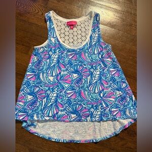 Lilly Pulitzer Target Top Womens S/P Blue Pink My Fans Flare Crochet Hi Low